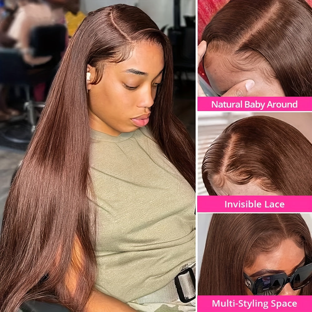 250% Density Silk Straight Wigs 100% Brazilian Human Hair 13*6 HD Transparent Lace Deep Parting Pre Plucked Natural Hairline Chocolate Brown Straight Human Hair #4 Color Wig Suitable For All Women